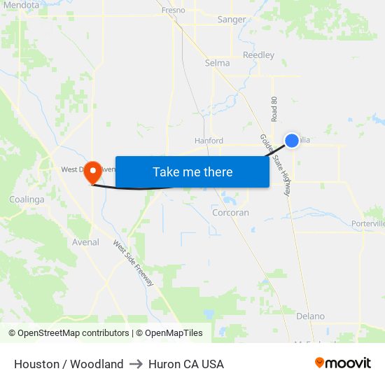 Houston / Woodland to Huron CA USA map