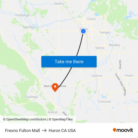 Fresno Fulton Mall to Huron CA USA map