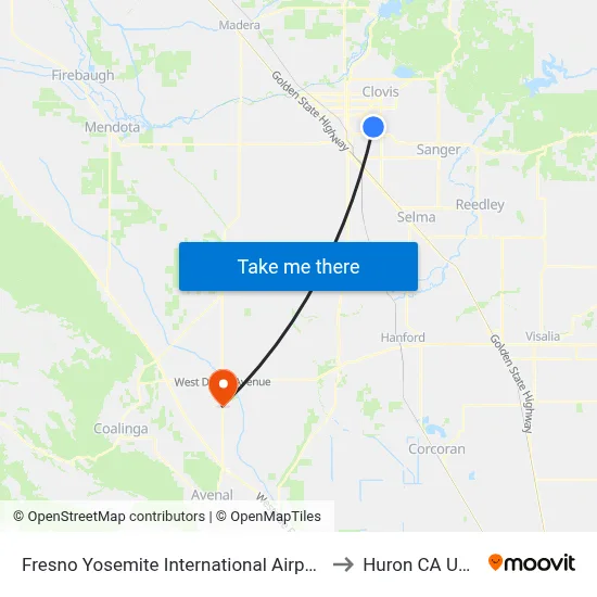 Fresno Yosemite International Airport to Huron CA USA map