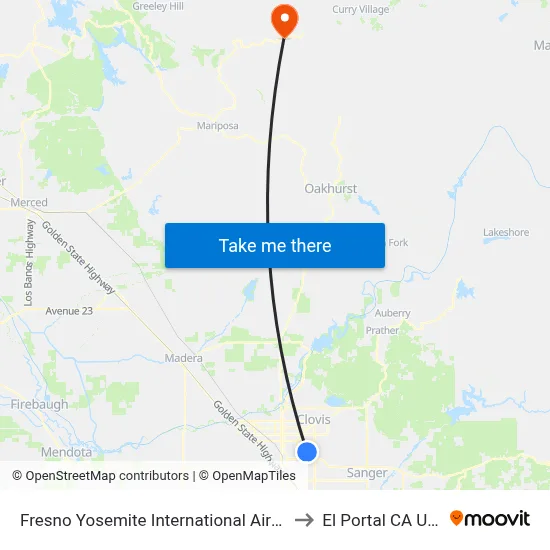 Fresno Yosemite International Airport to El Portal CA USA map