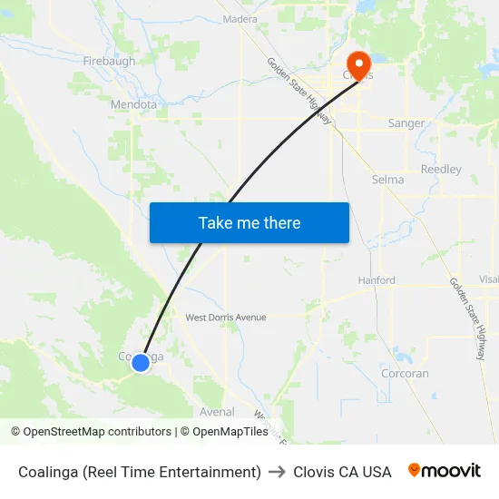 Coalinga (Reel Time Entertainment) to Clovis CA USA map