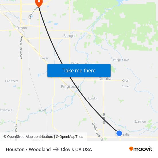 Houston / Woodland to Clovis CA USA map