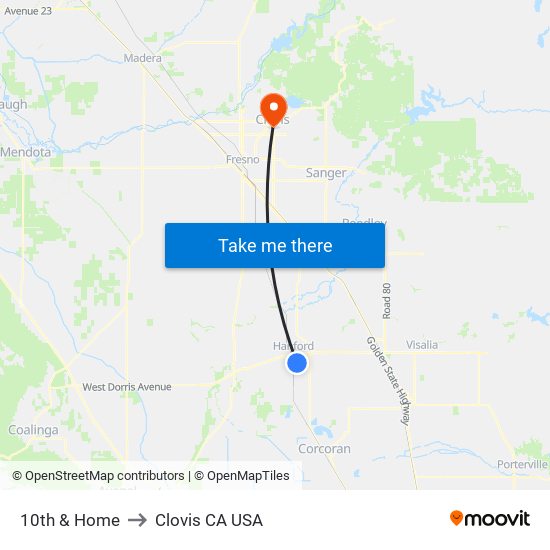 10th & Home to Clovis CA USA map