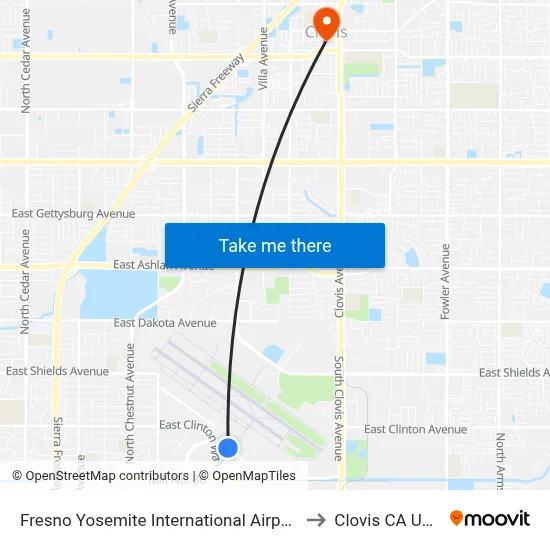 Fresno Yosemite International Airport to Clovis CA USA map