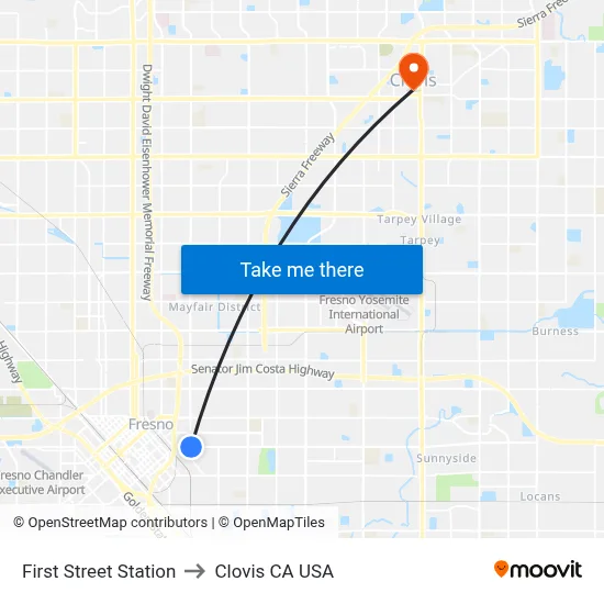 First Street Station to Clovis CA USA map