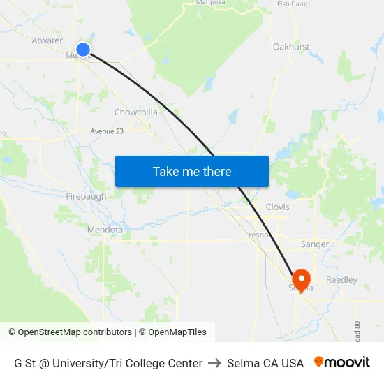 G St @ University/Tri College Center to Selma CA USA map