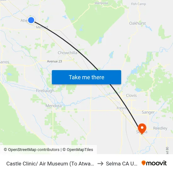 Castle Clinic/ Air Museum (To Atwater) to Selma CA USA map