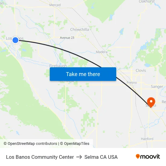 Los Banos Community Center to Selma CA USA map