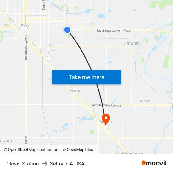 Clovis Station to Selma CA USA map