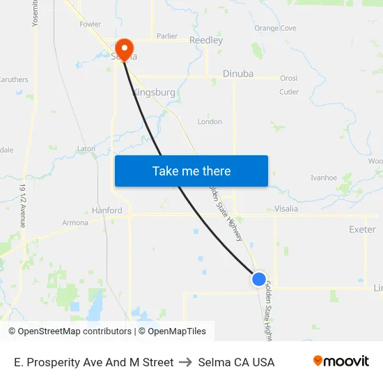 E. Prosperity Ave And M Street to Selma CA USA map