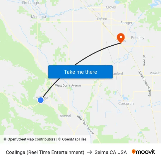 Coalinga (Reel Time Entertainment) to Selma CA USA map