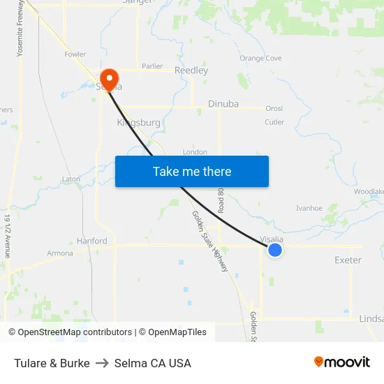 Tulare & Burke to Selma CA USA map
