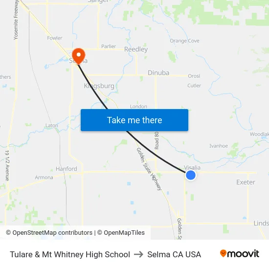Tulare & Mt Whitney High School to Selma CA USA map