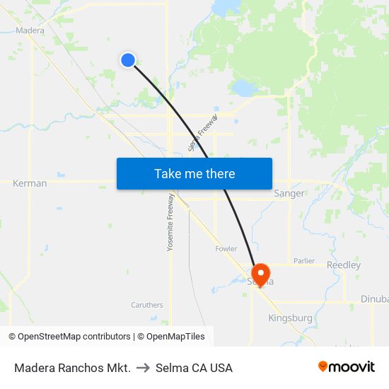 Madera Ranchos Mkt. to Selma CA USA map