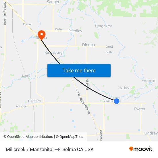 Millcreek / Manzanita to Selma CA USA map