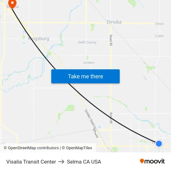 Visalia Transit Center to Selma CA USA map