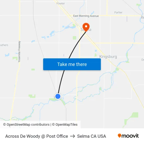 Across De Woody @ Post Office to Selma CA USA map