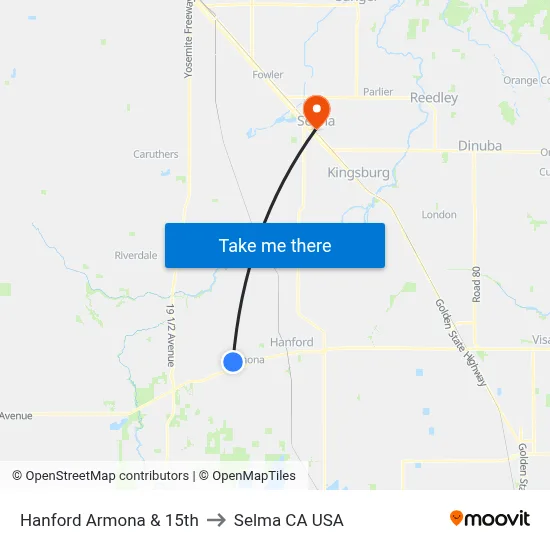 Hanford Armona & 15th to Selma CA USA map
