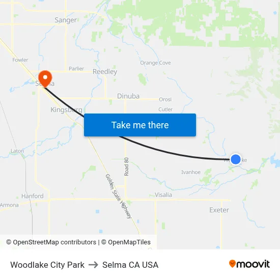 Woodlake City Park to Selma CA USA map