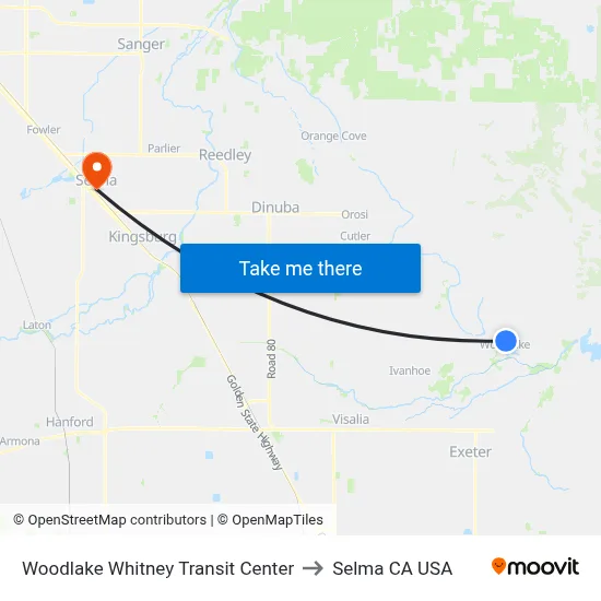 Woodlake Whitney Transit Center to Selma CA USA map
