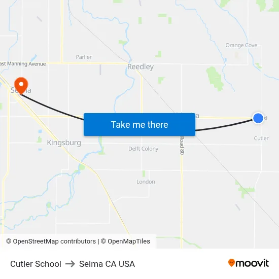 Cutler School to Selma CA USA map