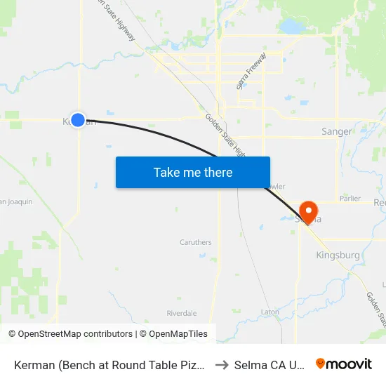Kerman (Bench at Round Table Pizza) to Selma CA USA map