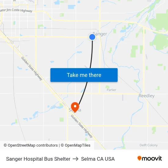 Sanger Hospital Bus Shelter to Selma CA USA map