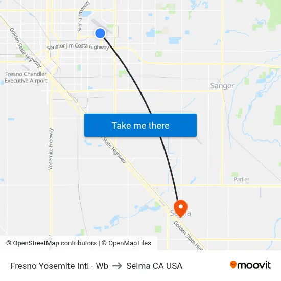 Fresno Yosemite International Airport to Selma CA USA map