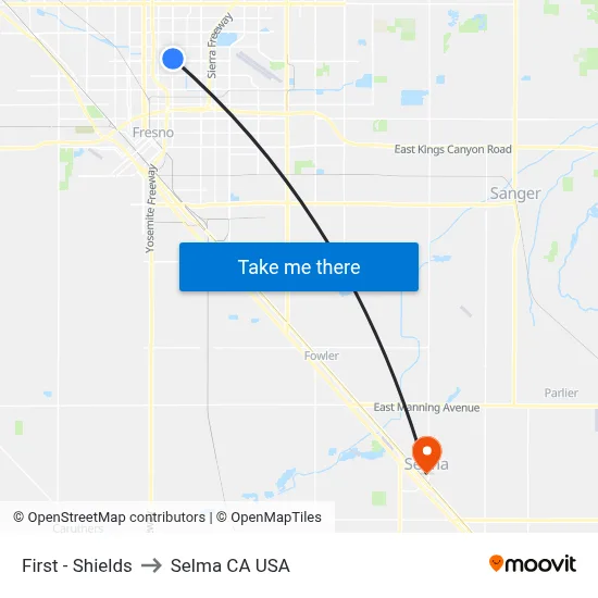 First - Shields to Selma CA USA map