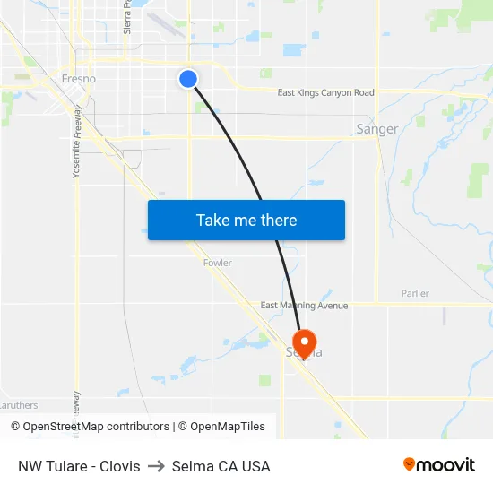 NW Tulare - Clovis to Selma CA USA map