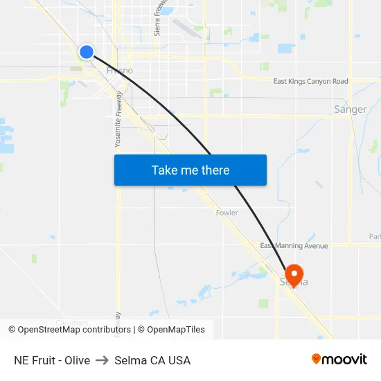 NE Fruit - Olive to Selma CA USA map