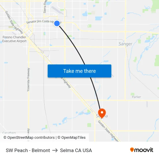 SW Peach - Belmont to Selma CA USA map