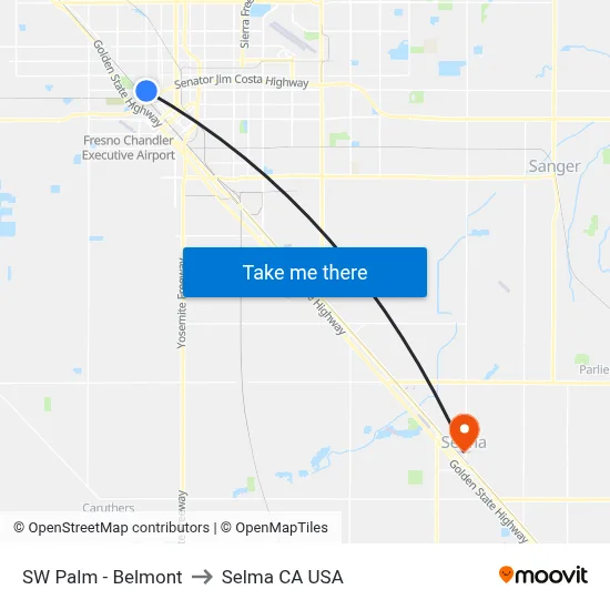 SW Palm - Belmont to Selma CA USA map