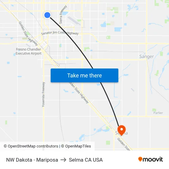 NW Dakota - Mariposa to Selma CA USA map