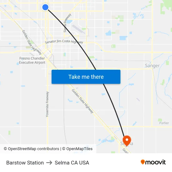 Barstow Station to Selma CA USA map
