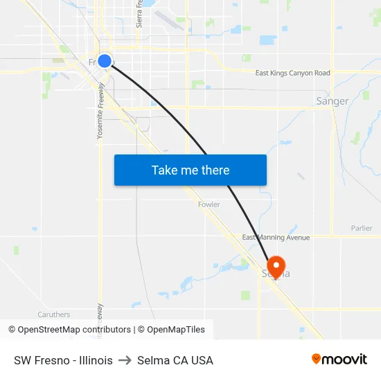 SW Fresno - Illinois to Selma CA USA map