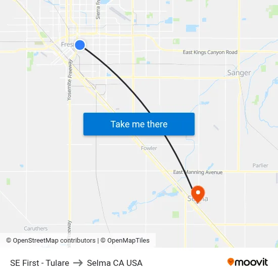 SE First - Tulare to Selma CA USA map