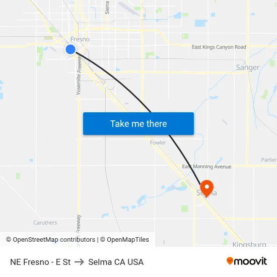 NE Fresno - E St to Selma CA USA map