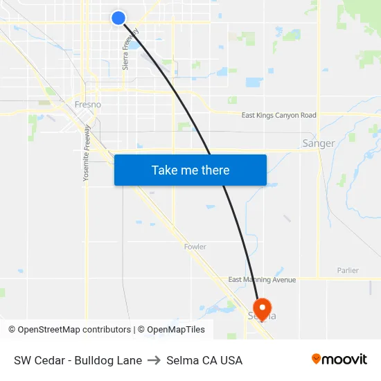 SW Cedar - Bulldog Lane to Selma CA USA map