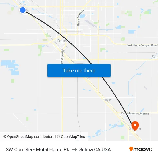 SW Cornelia - Mobil Home Pk to Selma CA USA map