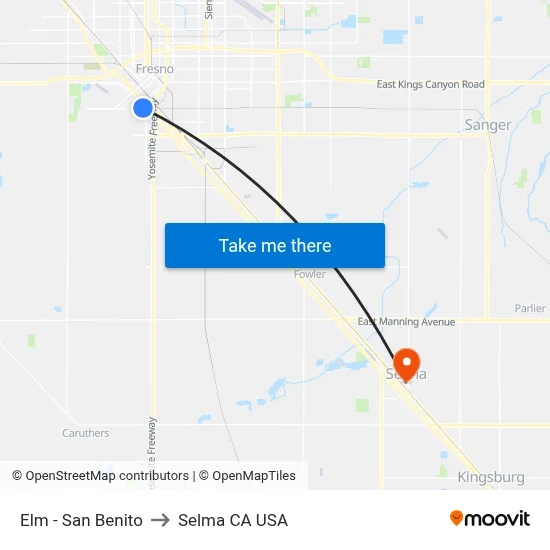 Elm - San Benito to Selma CA USA map