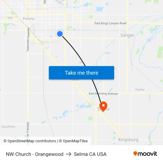 NW Church - Orangewood to Selma CA USA map
