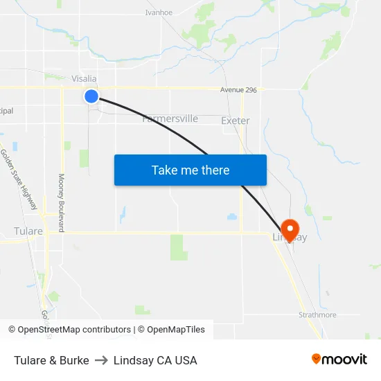 Tulare & Burke to Lindsay CA USA map