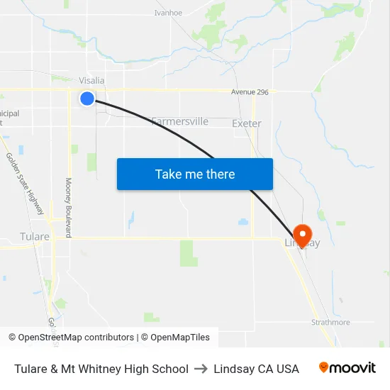 Tulare & Mt Whitney High School to Lindsay CA USA map