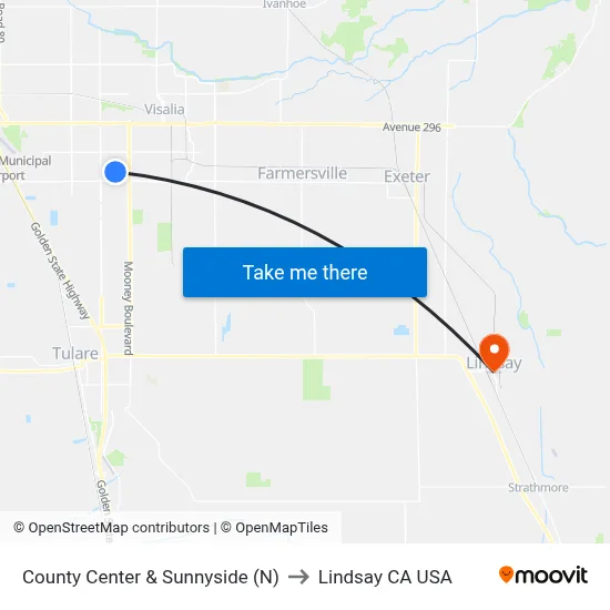 County Center & Sunnyside (N) to Lindsay CA USA map