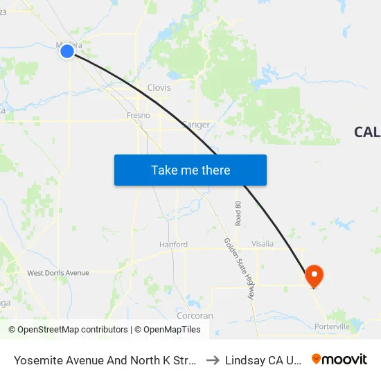 Yosemite Avenue And North K Street to Lindsay CA USA map