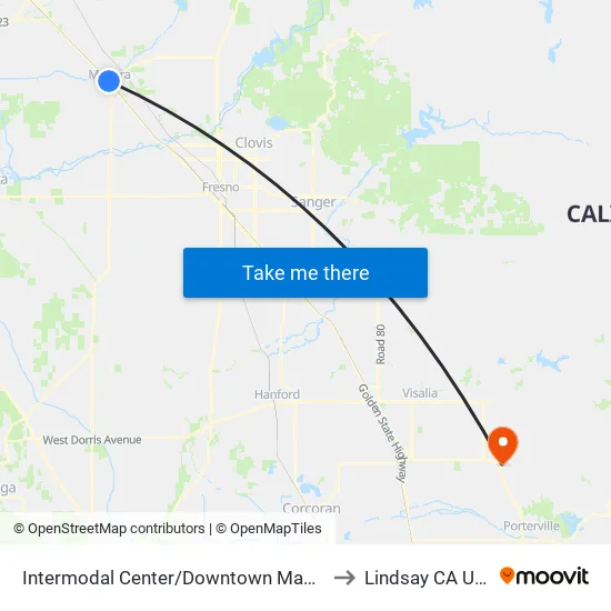 Intermodal Center/Downtown Madera to Lindsay CA USA map