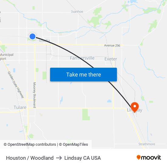 Houston / Woodland to Lindsay CA USA map