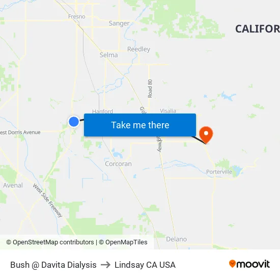 Bush @ Davita Dialysis to Lindsay CA USA map