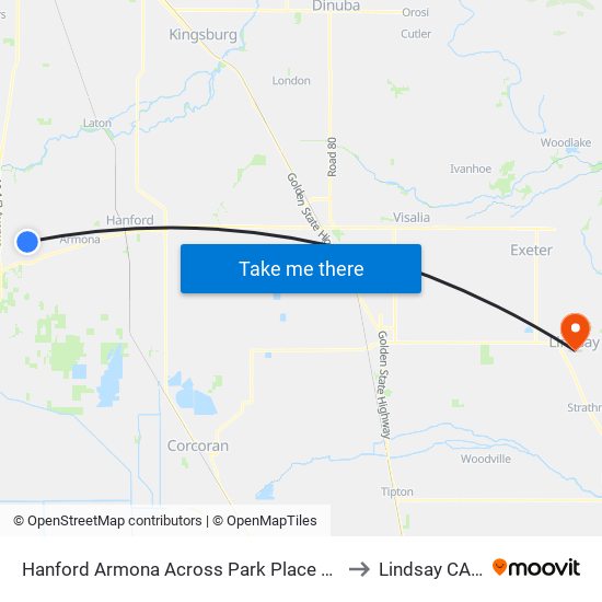 Hanford Armona Across Park Place Apartments to Lindsay CA USA map